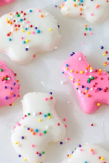 Circus animal cookies on parchment paper.