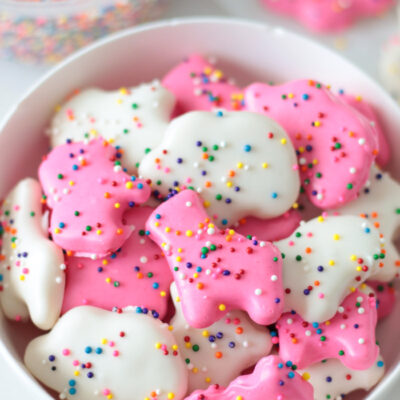 bowl of pink and white circus animal cookies