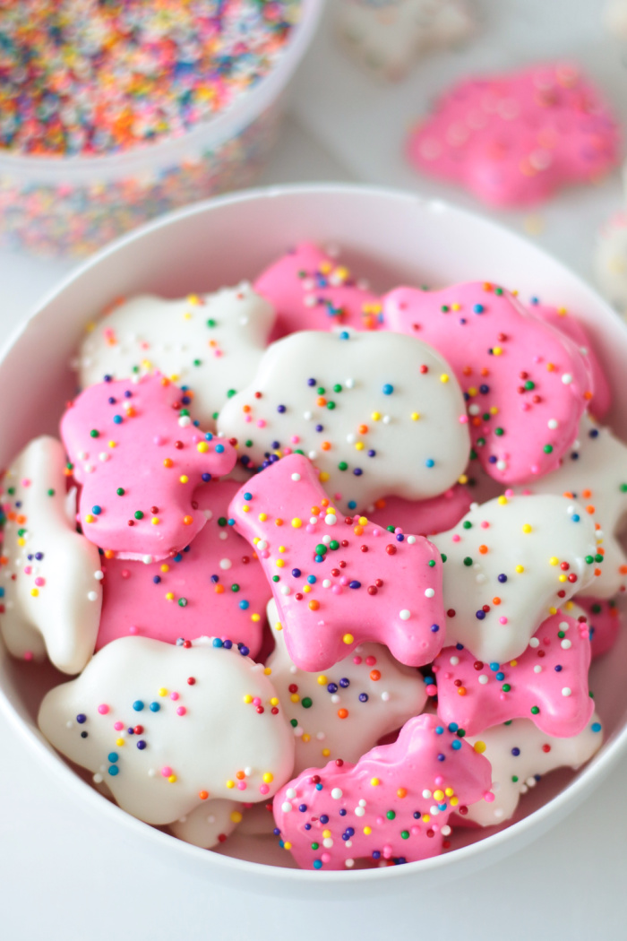 bowl of pink and white circus animal cookies