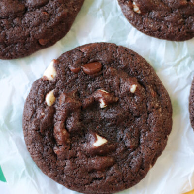 double chocolate chip cookie on parchment paper