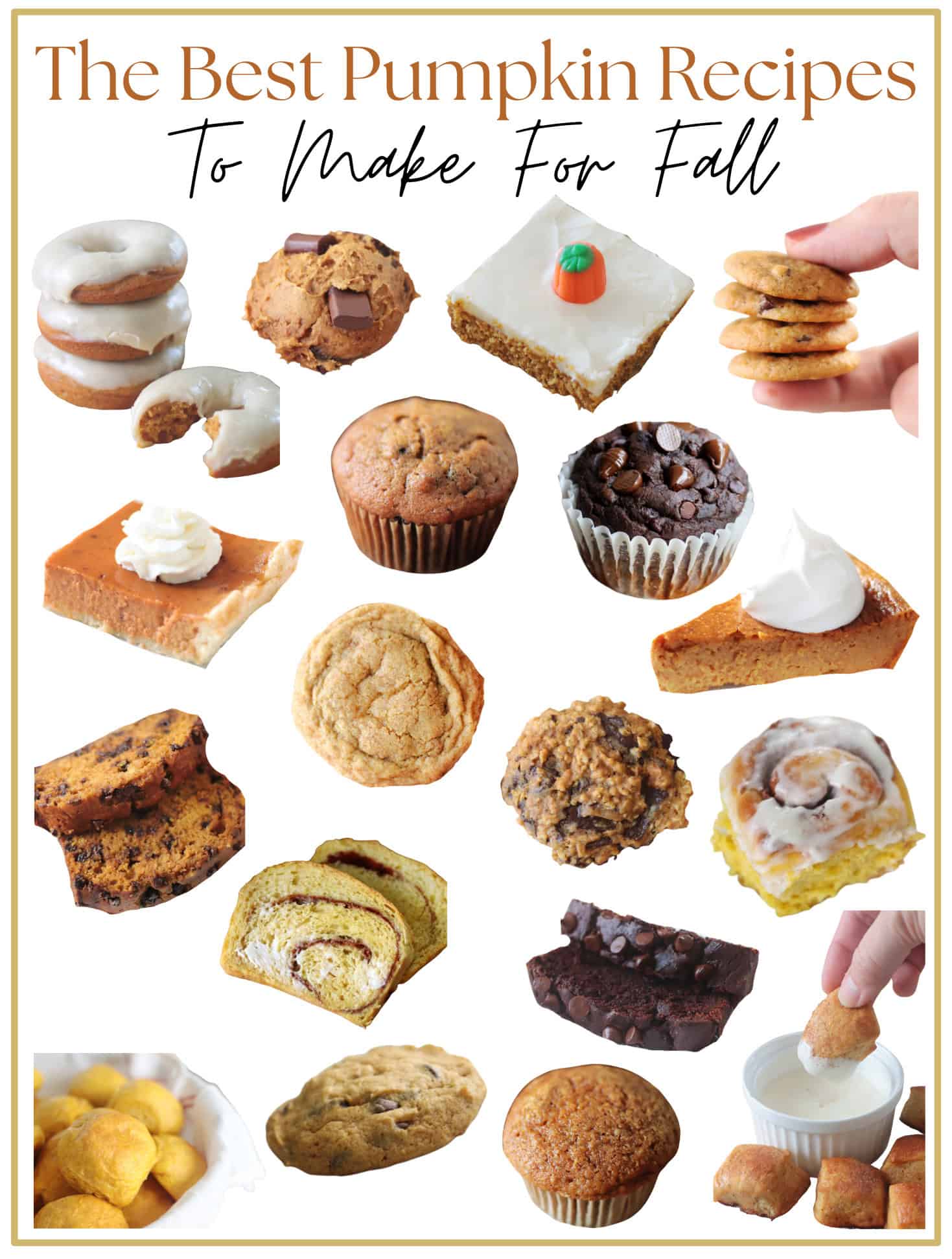 Collage of pumpkin flavored baked goods.