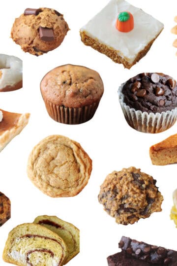 Collage of pumpkin baked goods.