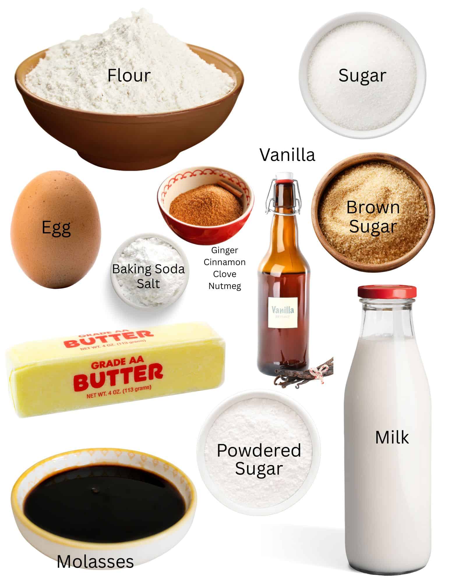 Bowls of flour, sugar, brown sugar, spices, baking soda and salt, an egg, stick of butter, bowl of molasses, bottles of milk ad vanilla, bowl of powdered sugar.