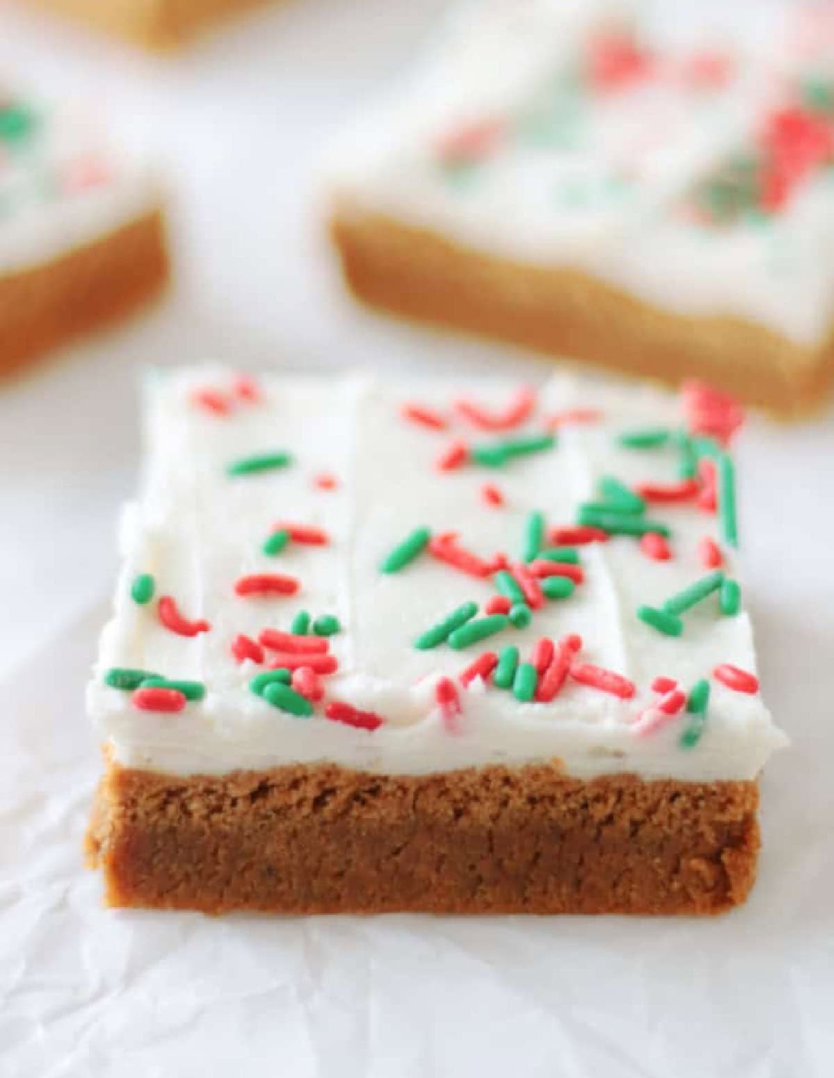 Gingerbread cookie bars cut into squares.