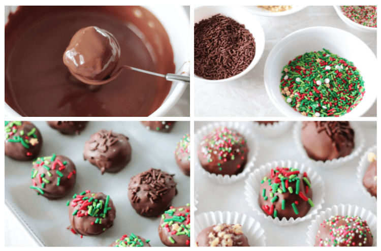brownie truffles being dipped into chocolate and setting up