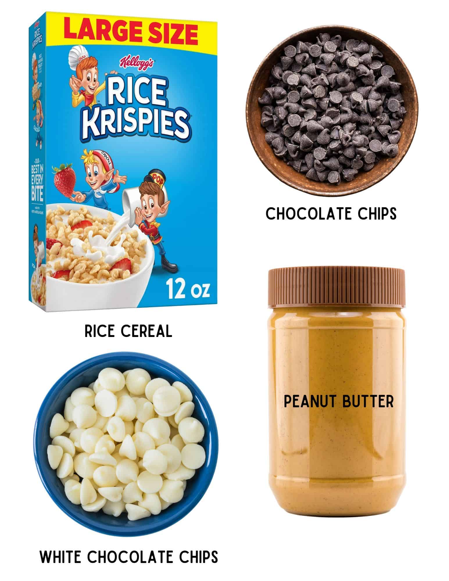 Box of rice krispies cereal, bowls of white chocolate chips and semisweet chocolate chips, and a jar of peanut butter.