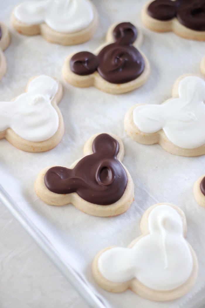 baking sheet of shortbread cookies with chocolate