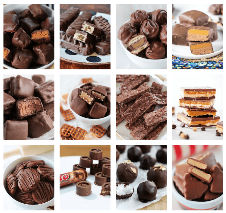 collage of homemade candy bar recipes