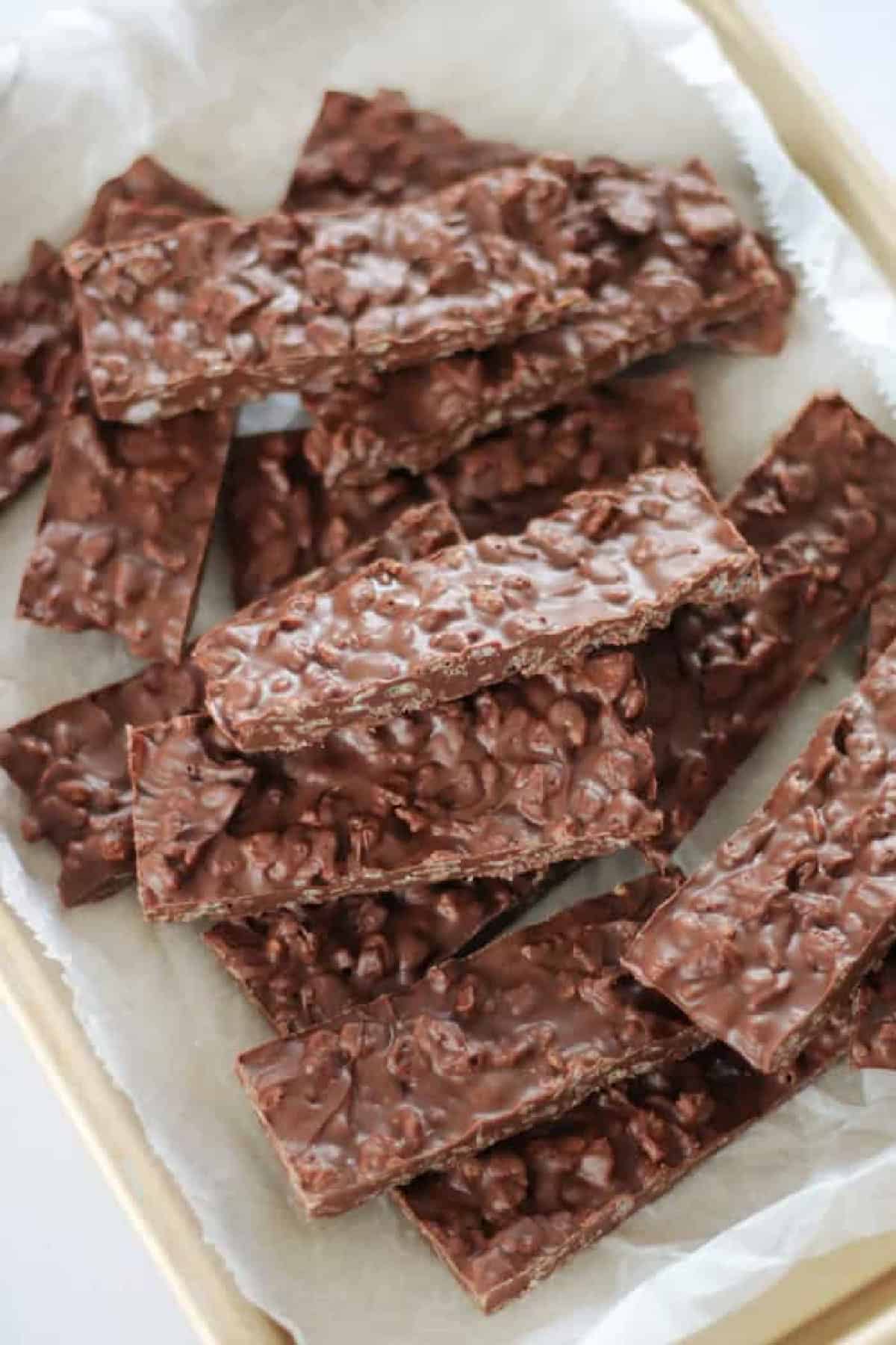 Crunch bars cut into slices and placed on serving tray.