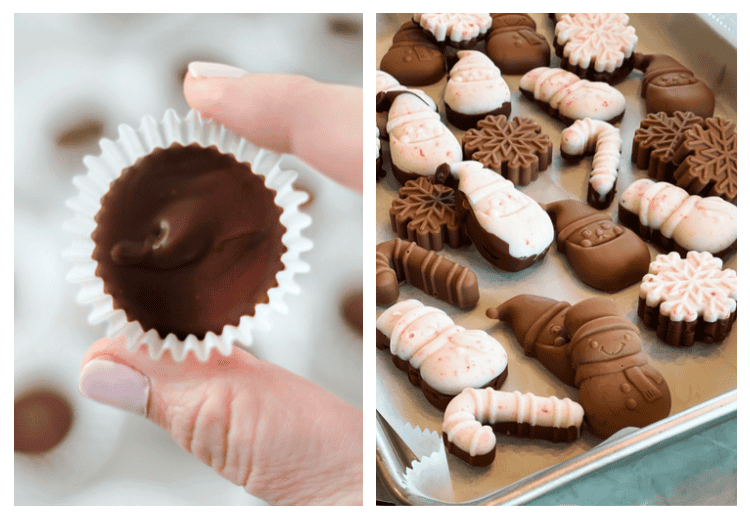 hand holding peanut butter cup and tray of shaped peanut butter meltaways