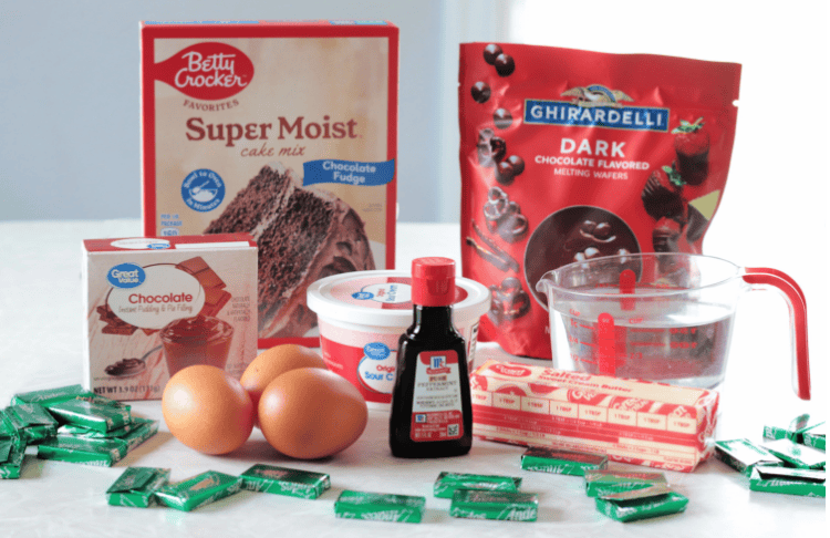 box of cake mix, melting chocolates, 3 eggs, box of chocolate pudding mix, peppermint extract, stick of butter, andes mints and 1 cup of water