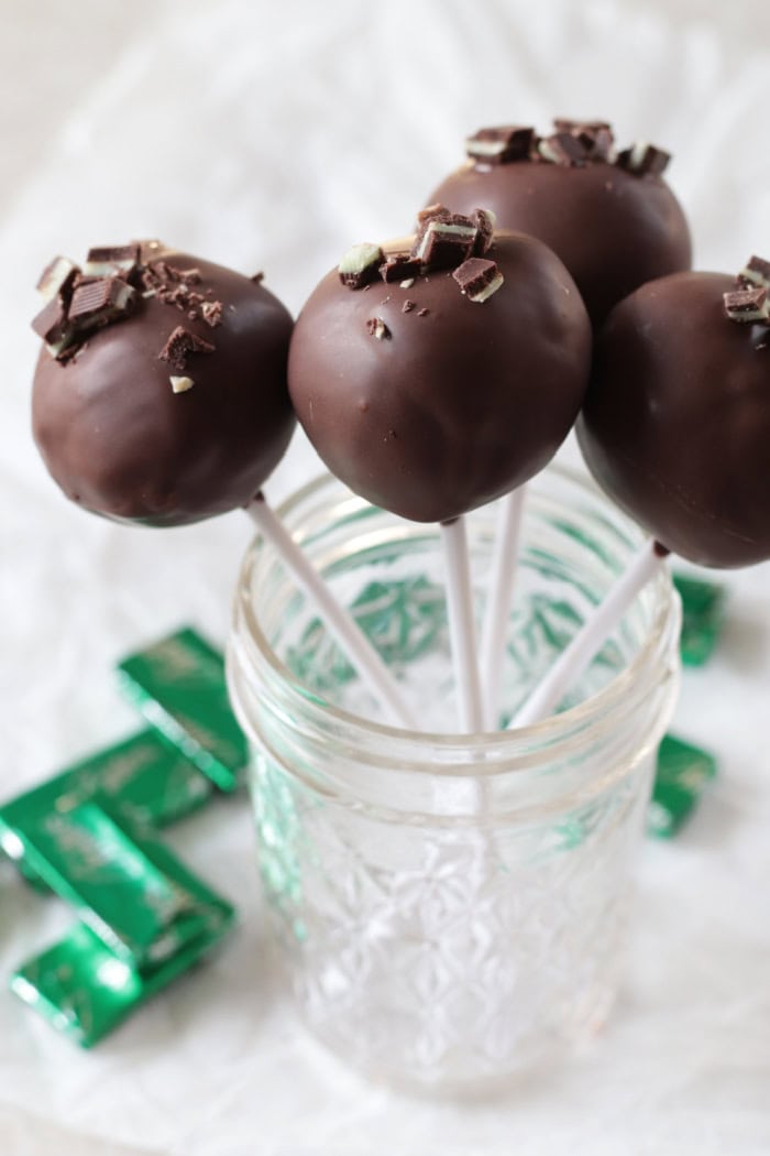 4 chocolate mint cake pops in jar