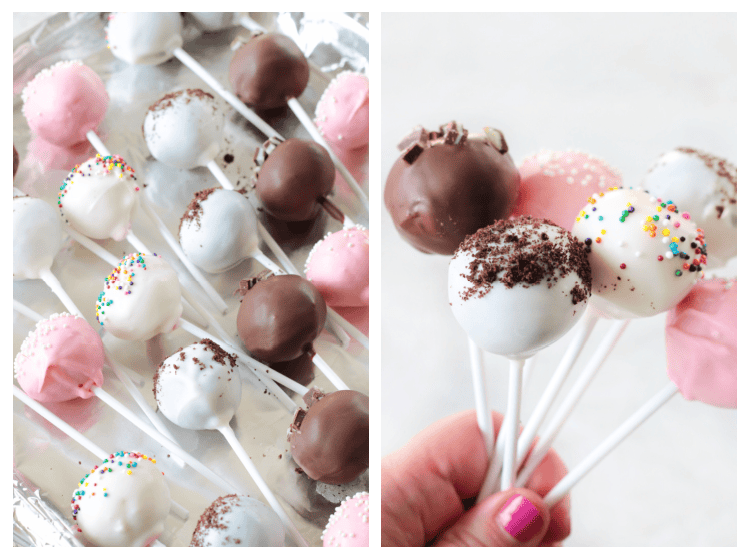tray of cake pops and hand holding 6 cake pops