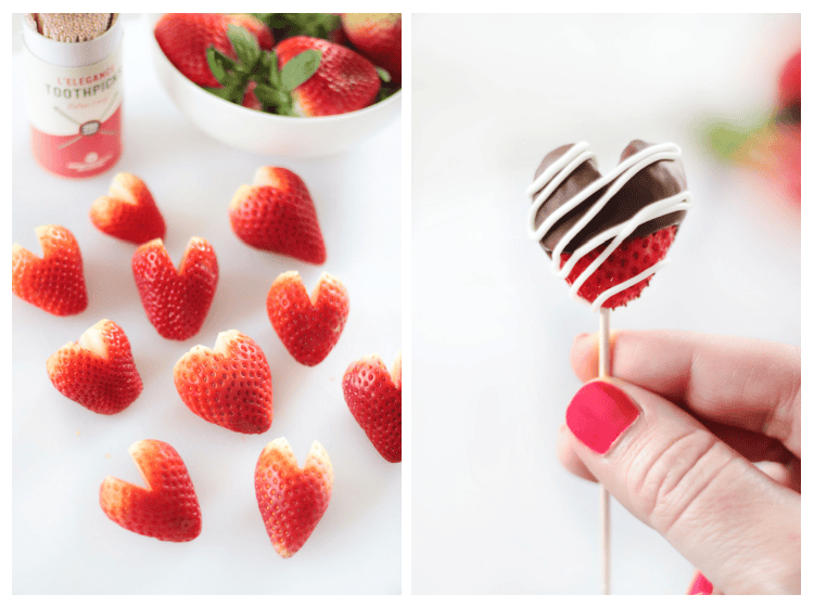 strawberries cut into heart shapes and strawbery dipped into chocolate