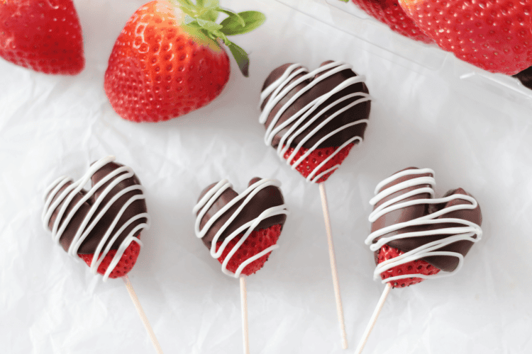chocolate strawberry hearts on toothpicks and dipped into chocolate