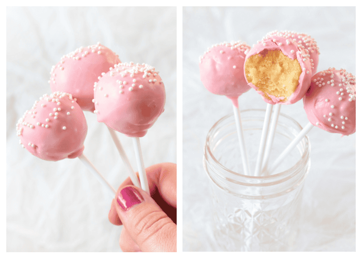 hand holding 3 cake pops and cake pops in a jar