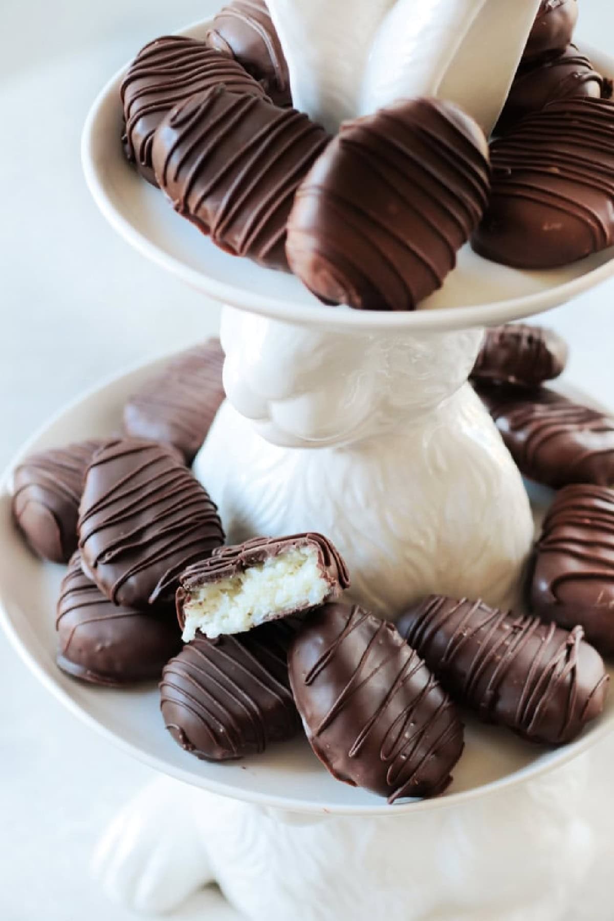 Chocolate coconut cream eggs on bunny platter.