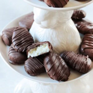 Chocolate coconut cream eggs on bunny platter.