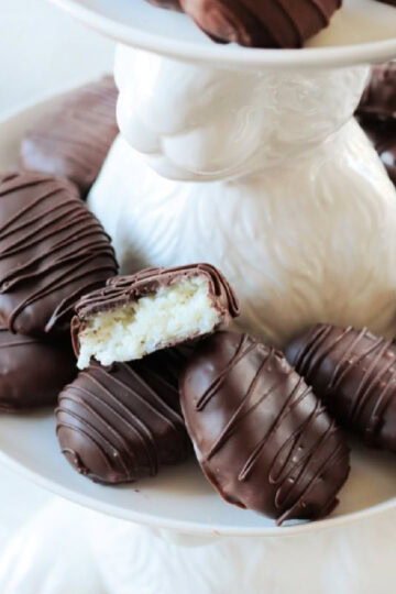 Chocolate coconut cream eggs on bunny platter.