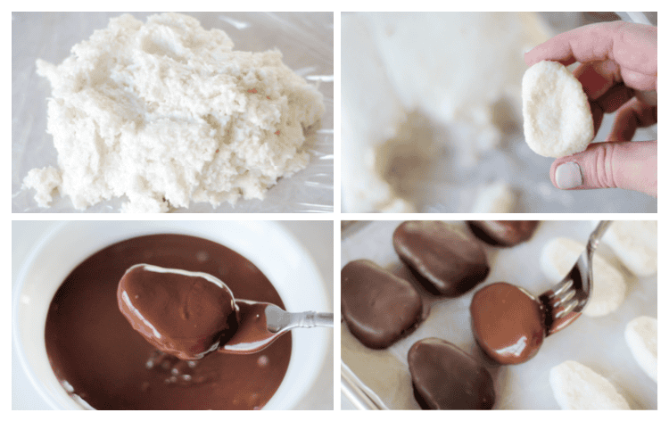 coconut filling, coconut egg dipped in chocolate and chocolate eggs on baking sheet