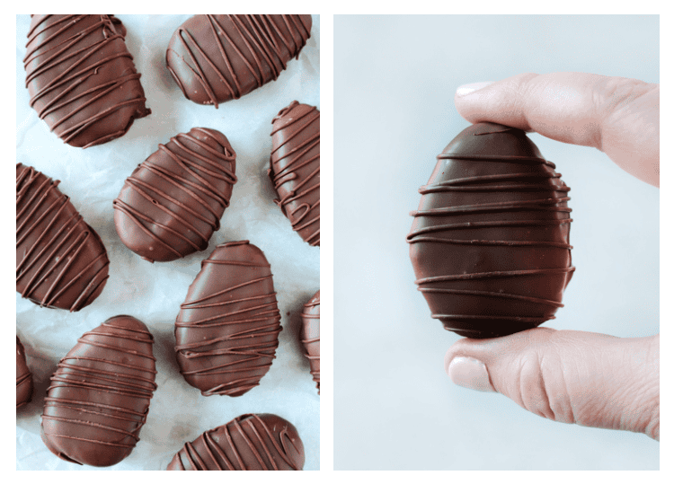 chocolate coconut eggs on parchment paper and someone holding chocolate coconut egg