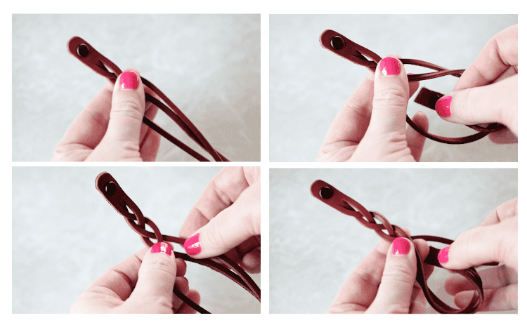 process step collage for making mystery braid bracelets in varying stages