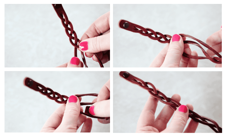 process step collage for making mystery braid bracelets in varying stages