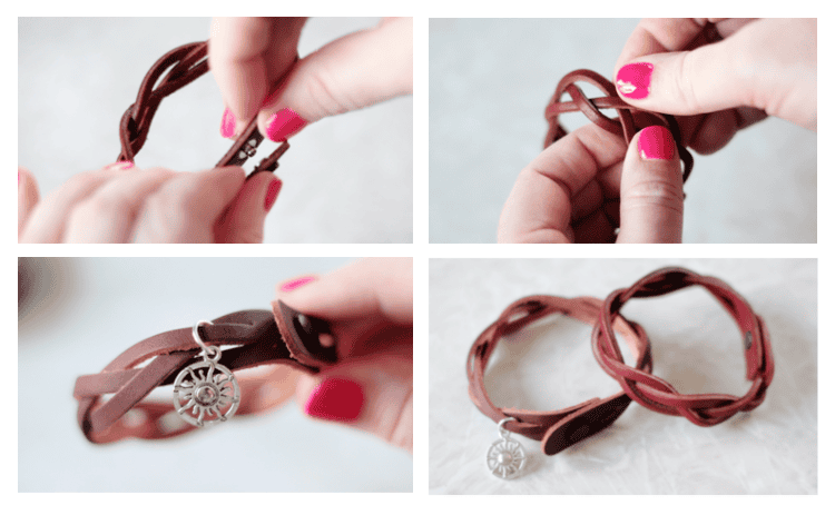 process step collage for making mystery braid bracelets in varying stages