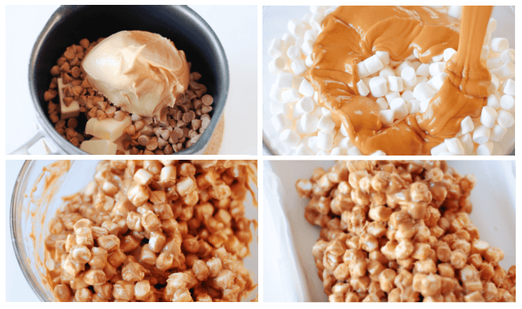 peanut butter, butter, butterscotch chips in pan, photo of mixture melted over marshmallows