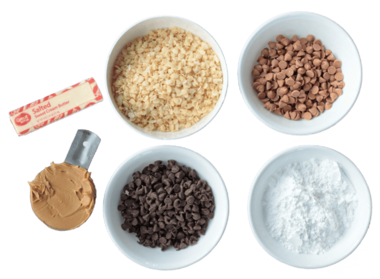 bowls of peanut butter, chocolate chips, powdered sugar, butterscotch chips, cereal and a stick of butter