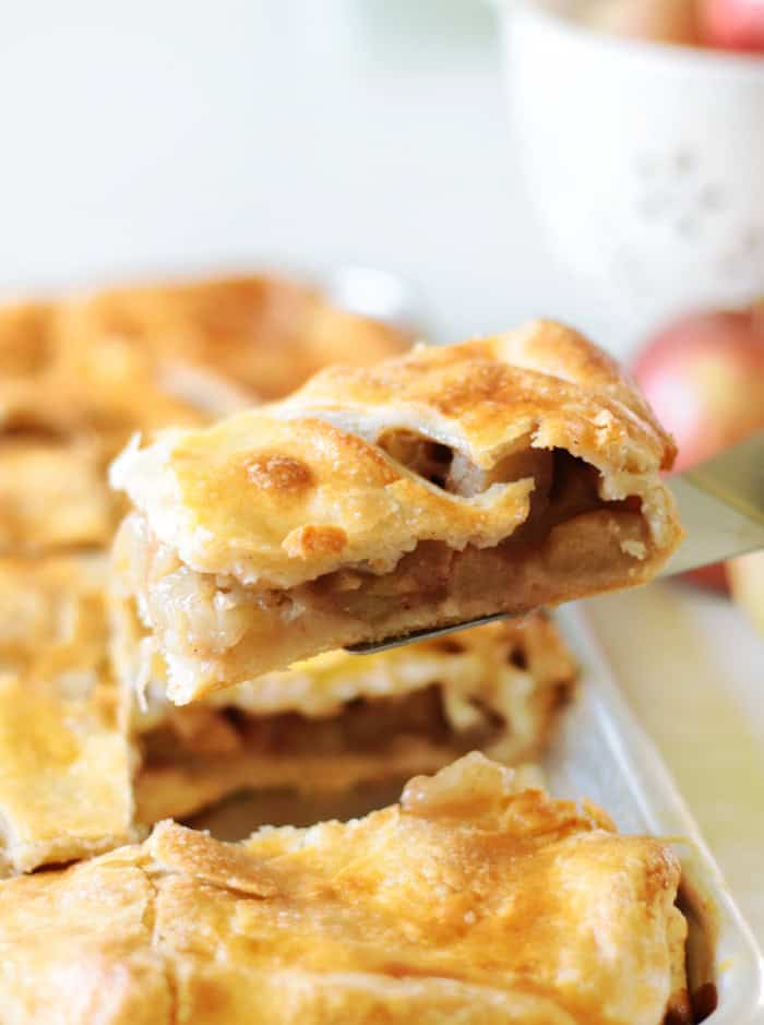 slice of apple slab pie on spatula