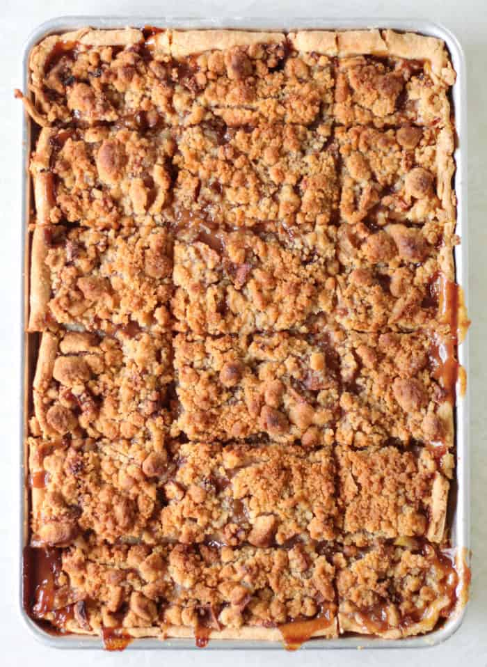 Baked dutch apple pie in pan cut into squares.