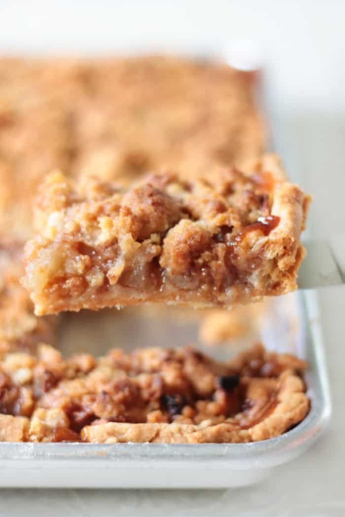 slice of dutch apple pie on spatula