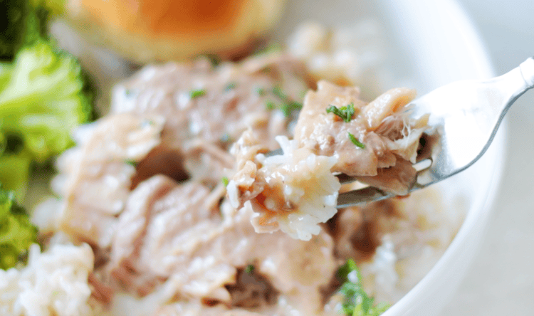 pork chop and rice on fork
