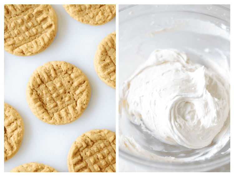 peanut butter cookies and bowl of marshmallow buttercream