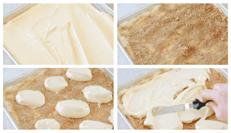 process shots of honey bun cake in pan with brown sugar coating