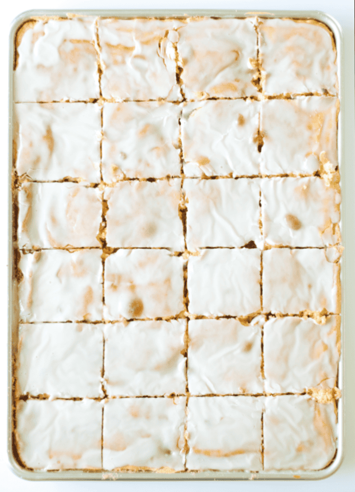 honey bun sheet cake cut into squares
