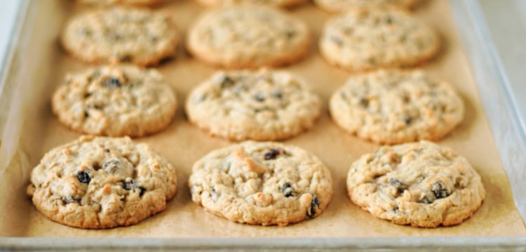 baking sheet of copycat otis spunkmeyer oatmeal raisin cookies