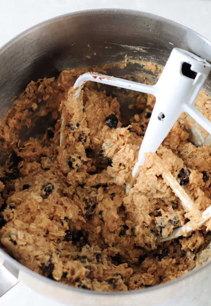 bowl of oatmeal raisin cookie dough