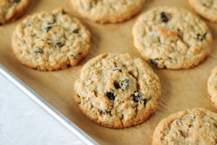 copycat oatmeal raisin cookies on baking sheet