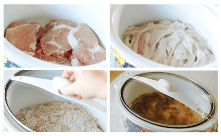 slow cooker with raw pork chops covered with cream of mushroom soup and onion soup mix