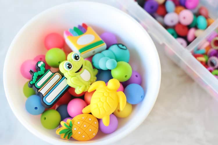 bowl of silicone focal beads for beadable pens
