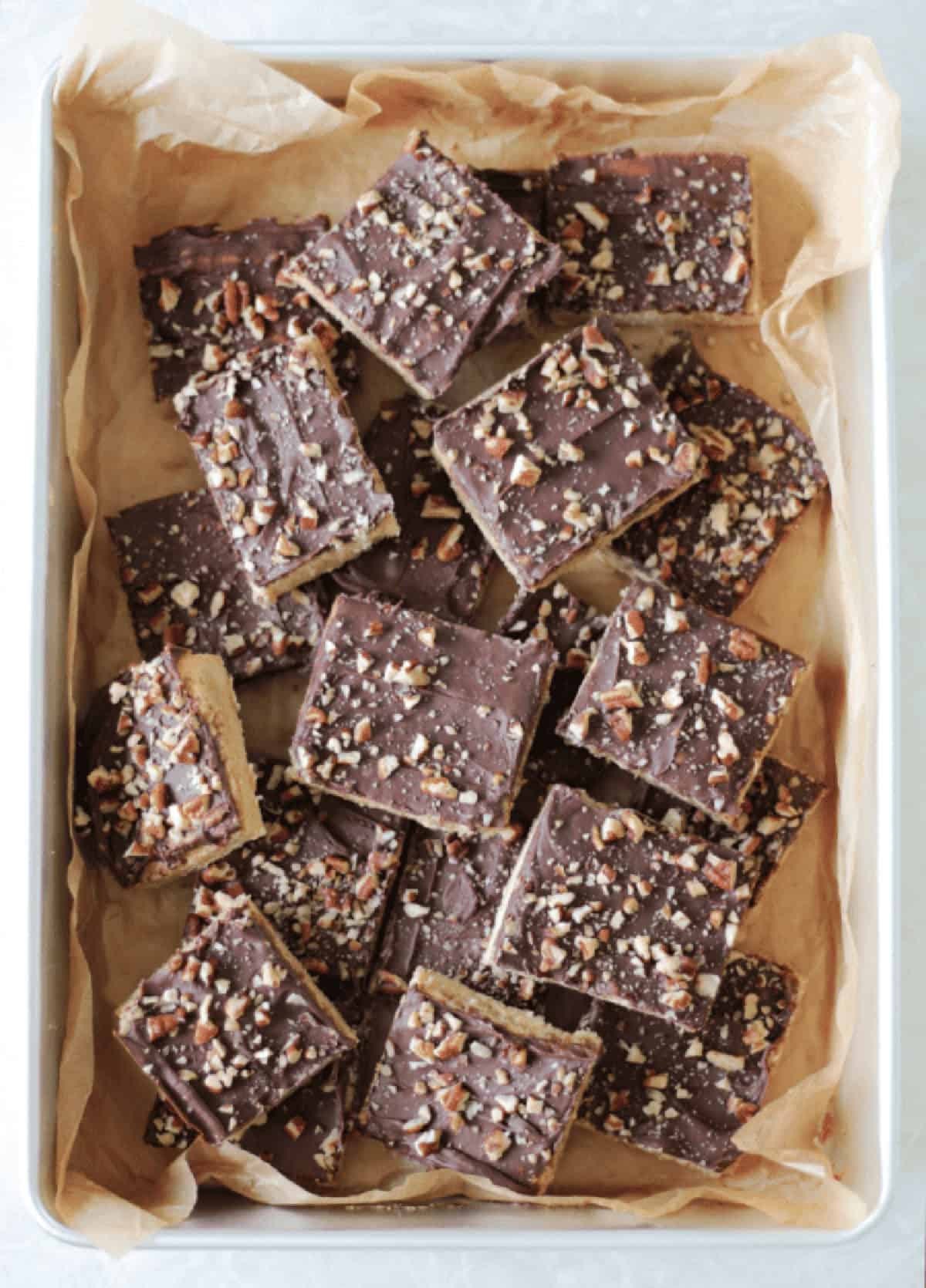 Pan of toffee bar squares.
