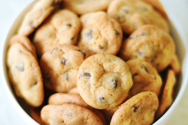 close up of mini crispy chocolate chip cookies