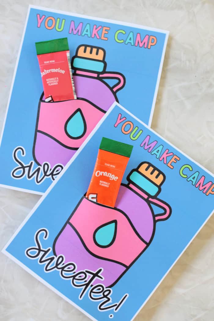 two summer camp printable tags with drink packets
