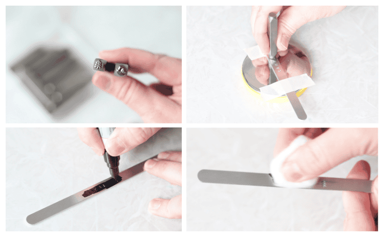 process collage of metal stamps, bracelet blank being stamped and enamel pin