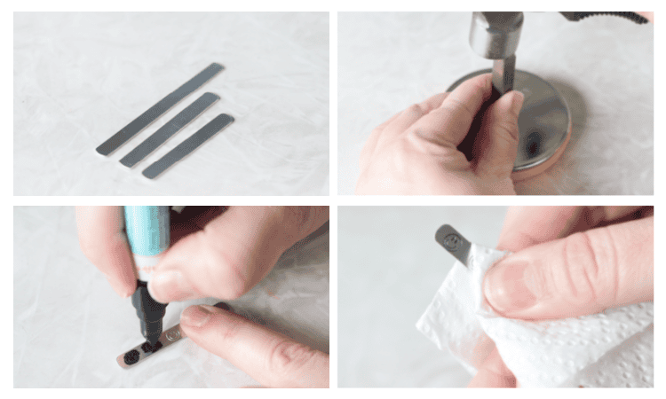 process collage of ring stamps, hammer stamping ring blank, stamp marker and wiping finished ring with paper towel
