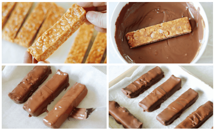 caramel filling sliced into bars and dipped in chocolate