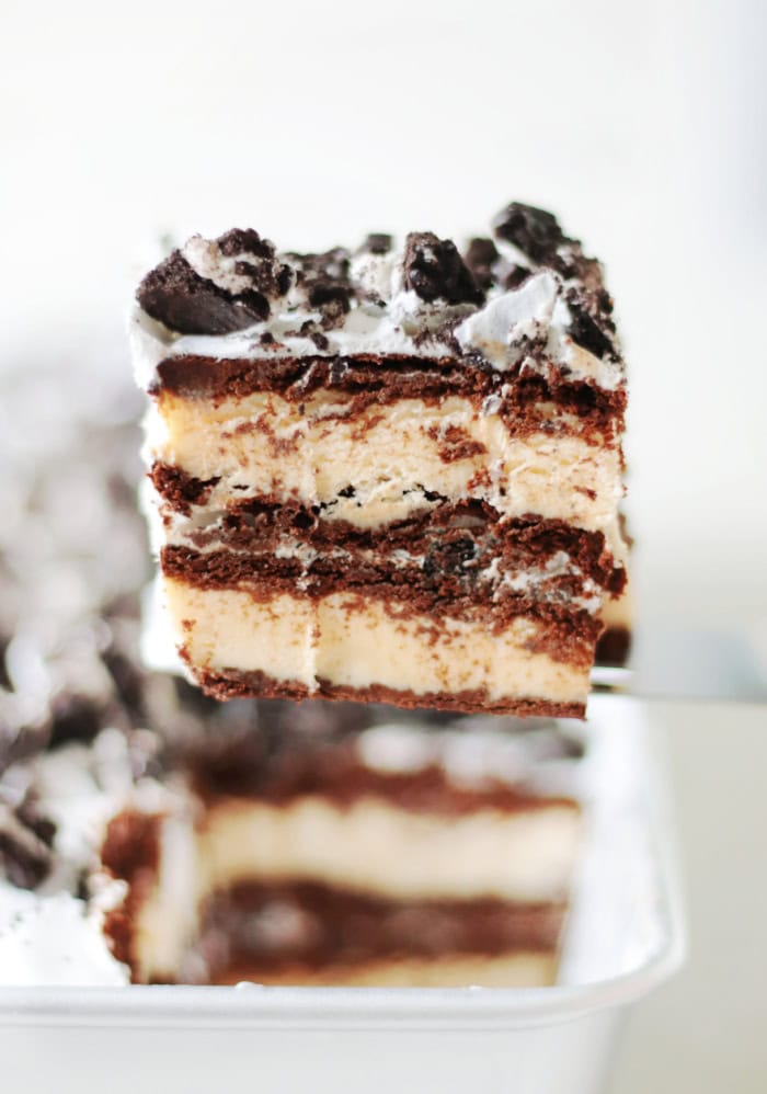 slice of ice cream cake on spatula