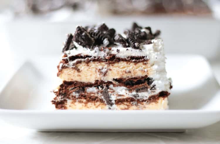 slice of layered ice cream sandwich cake on plate